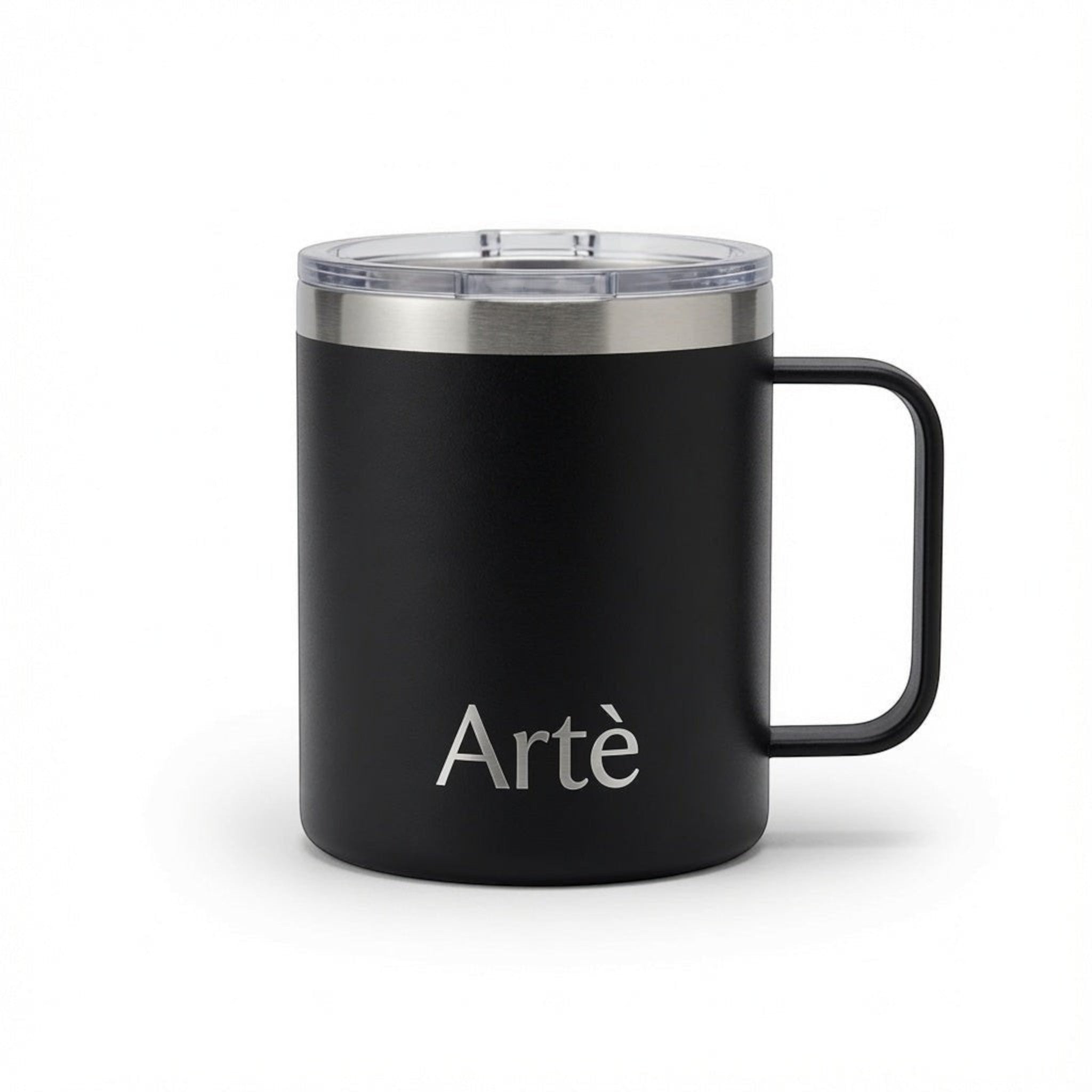 ArtèCup matte black insulated stainless steel mug with ergonomic handle and clear leak-proof lid