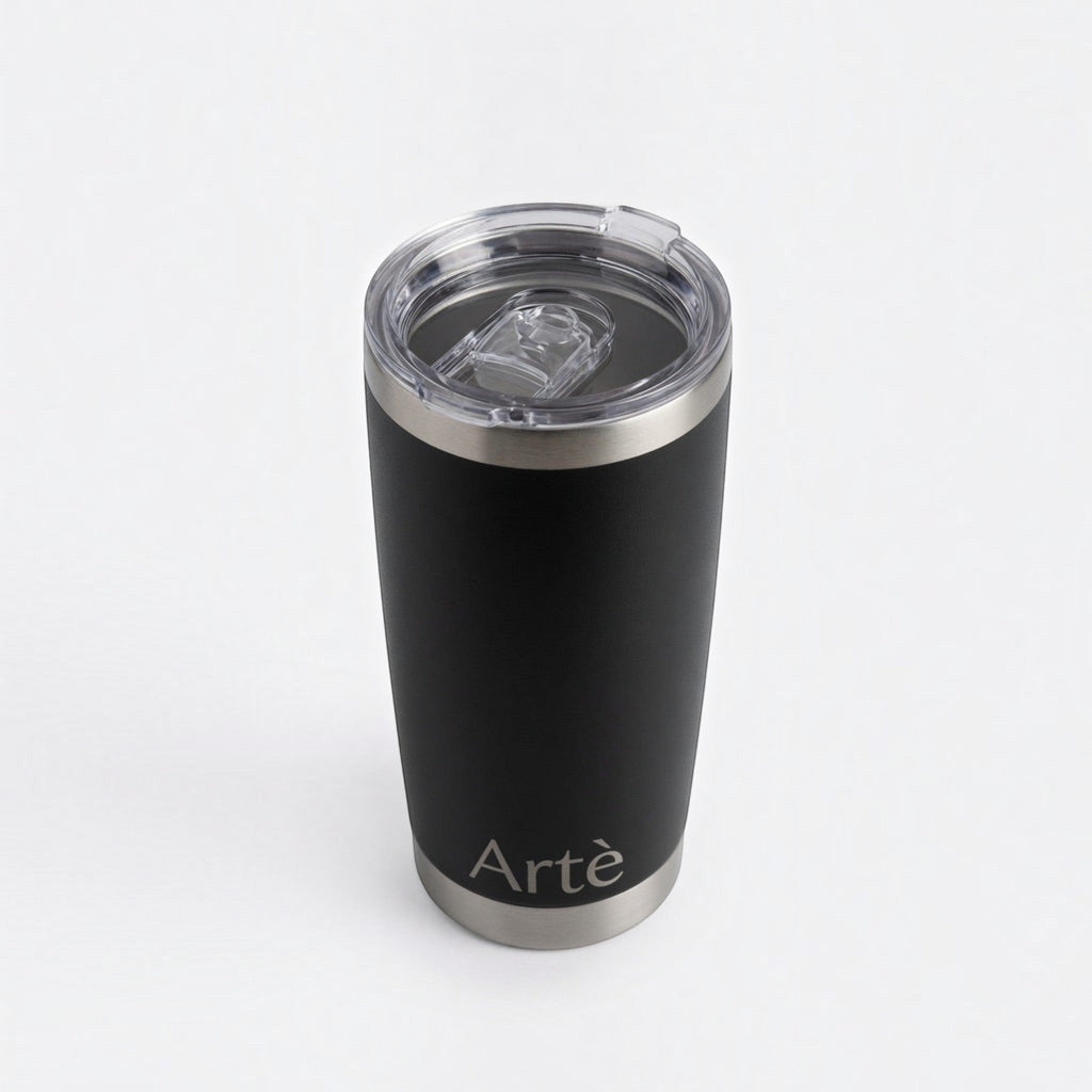 ArtèCup 20oz matte black stainless steel vacuum insulated tumbler with a clear leak-resistant lid