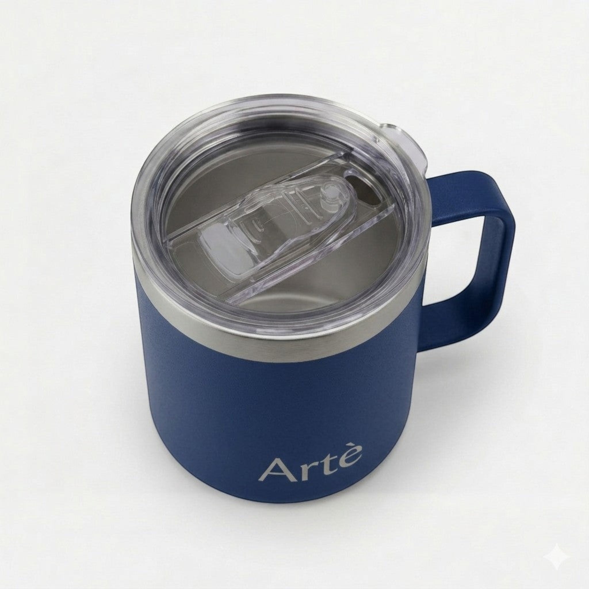 ArtèCup 12oz navy blue insulated stainless steel mug with a clear leak-proof lid and ergonomic handle