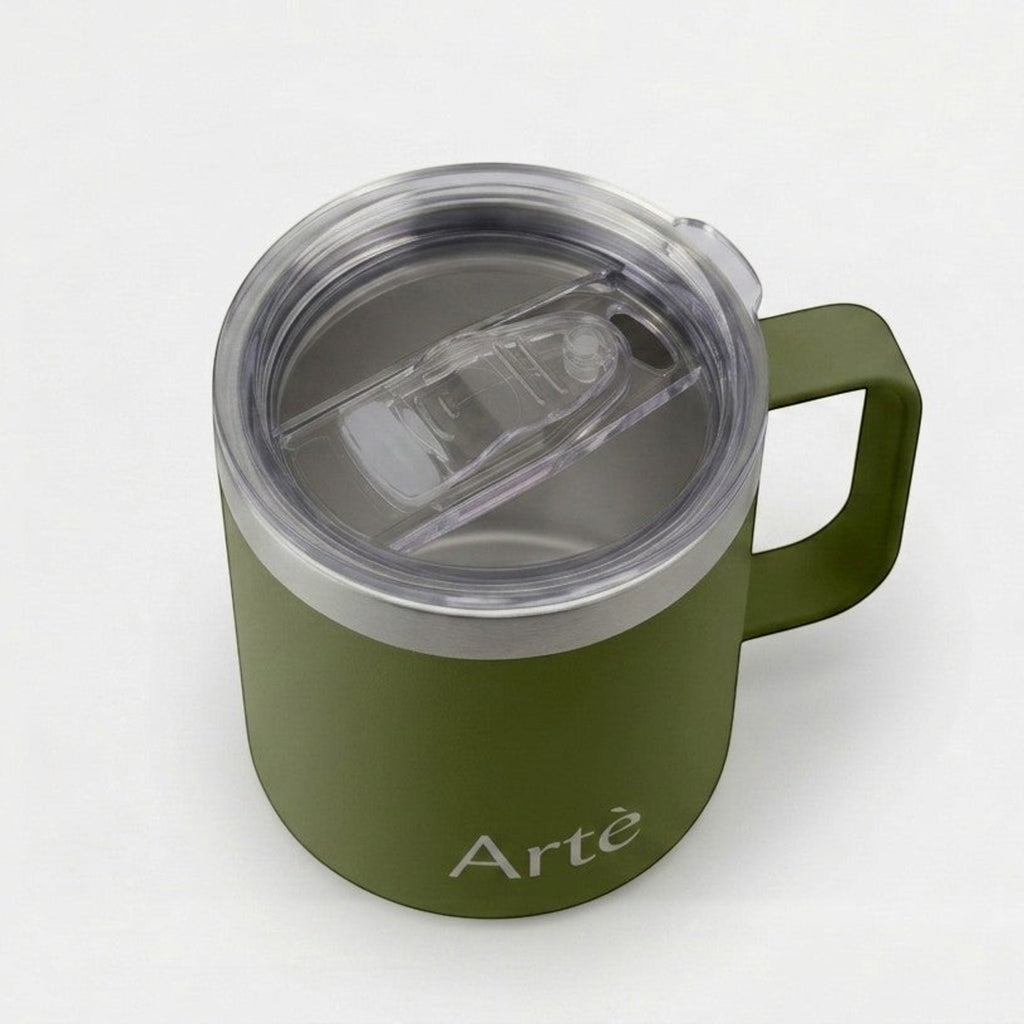 ArtèCup olive green insulated stainless steel mug with a clear leak-proof lid and ergonomic handle, top-down view.