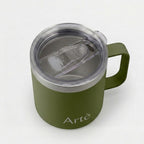 ArtèCup olive green insulated stainless steel mug with a clear leak-proof lid and ergonomic handle, top-down view.