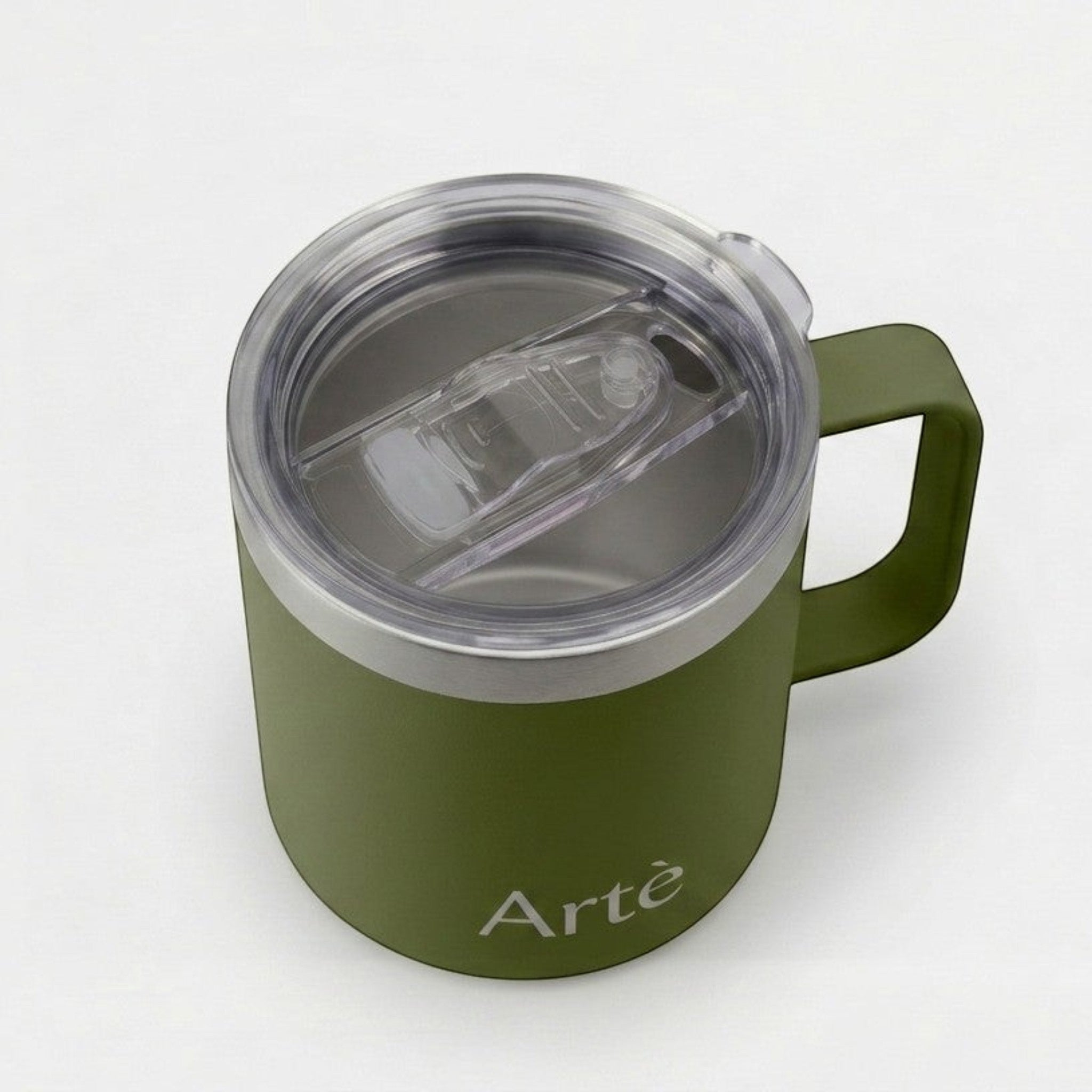 ArtèCup olive green insulated stainless steel mug with a clear leak-proof lid and ergonomic handle, top-down view.