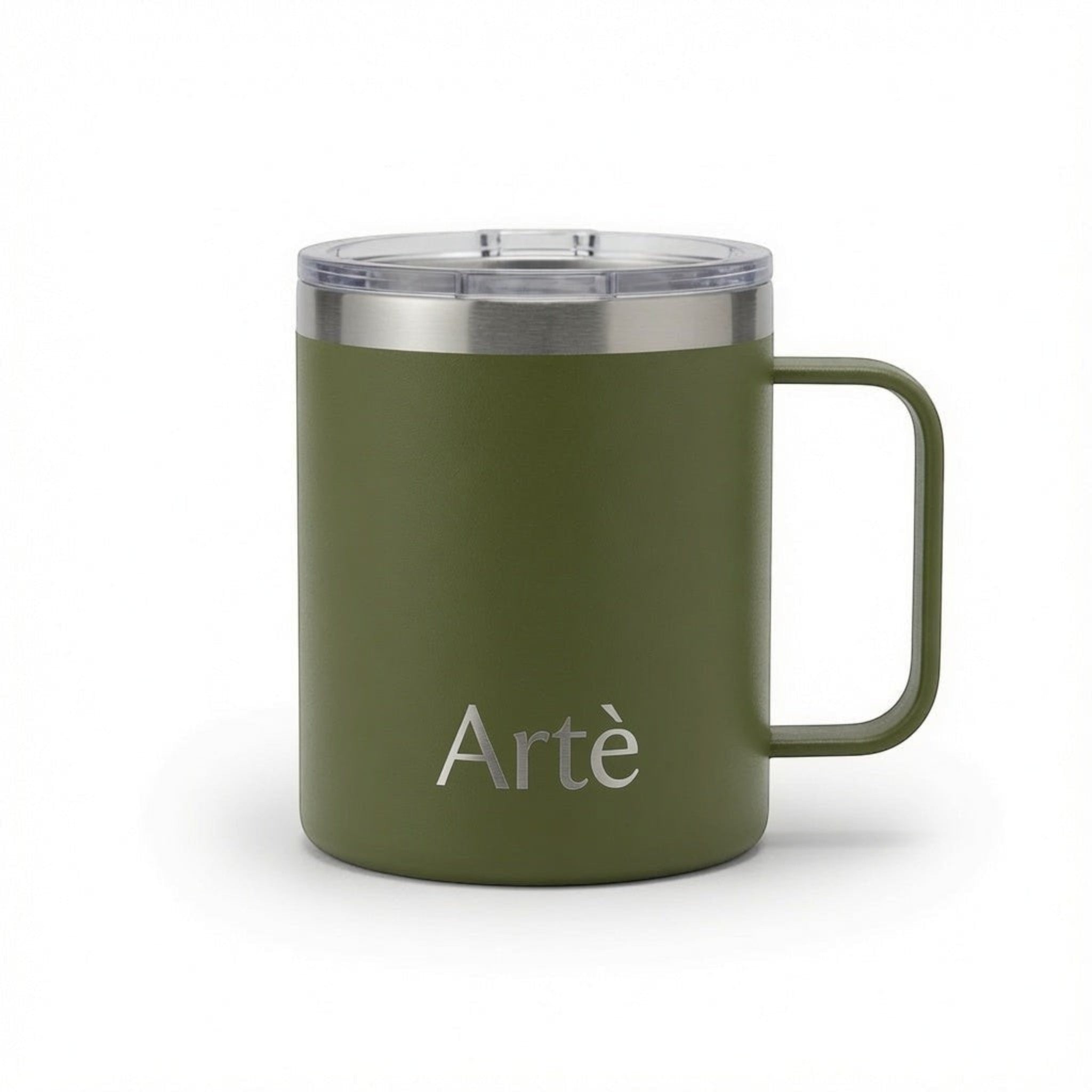 ArtèCup olive green stainless steel insulated mug with a clear leak-proof lid and ergonomic handle on a white background