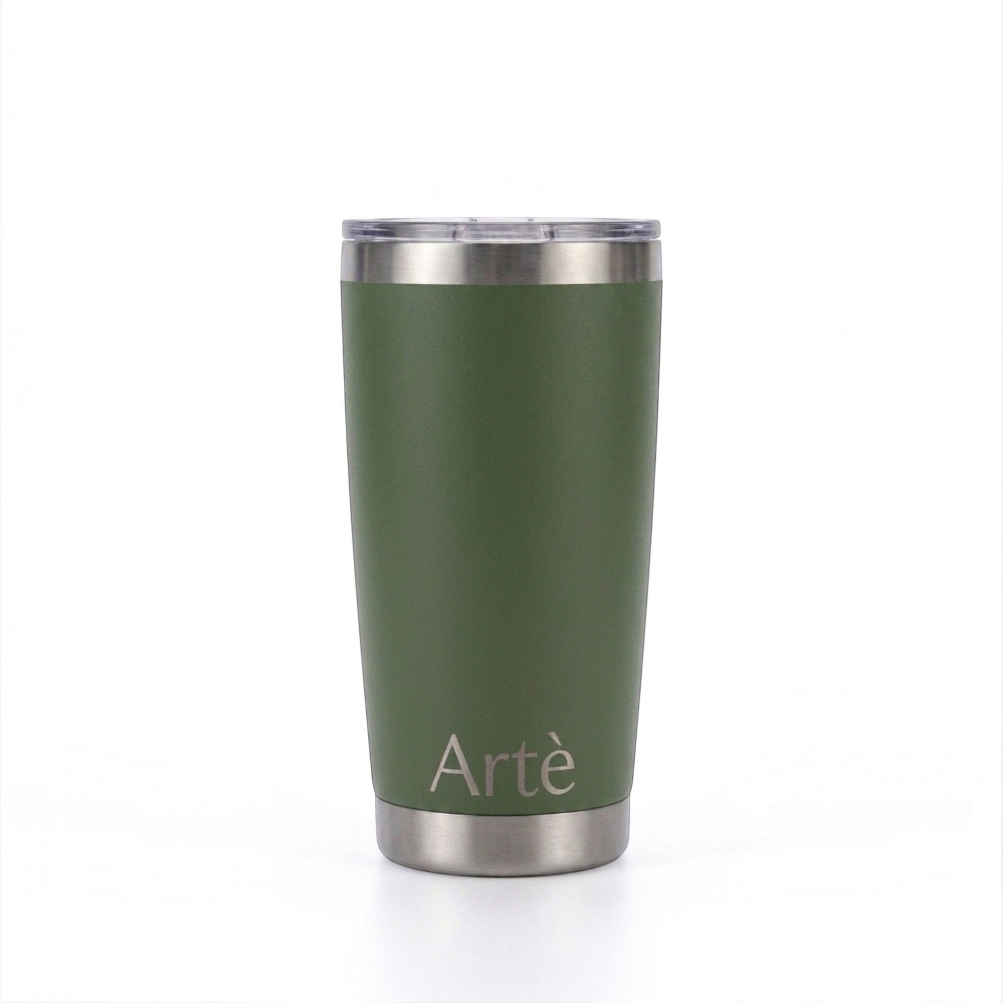 ArtèCup 20oz olive green stainless steel vacuum insulated tumbler with a clear leak-resistant lid.