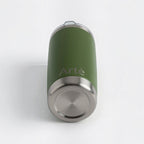 ArtèCup 20oz olive green stainless steel vacuum insulated tumbler with a leak-resistant lid viewed from the base