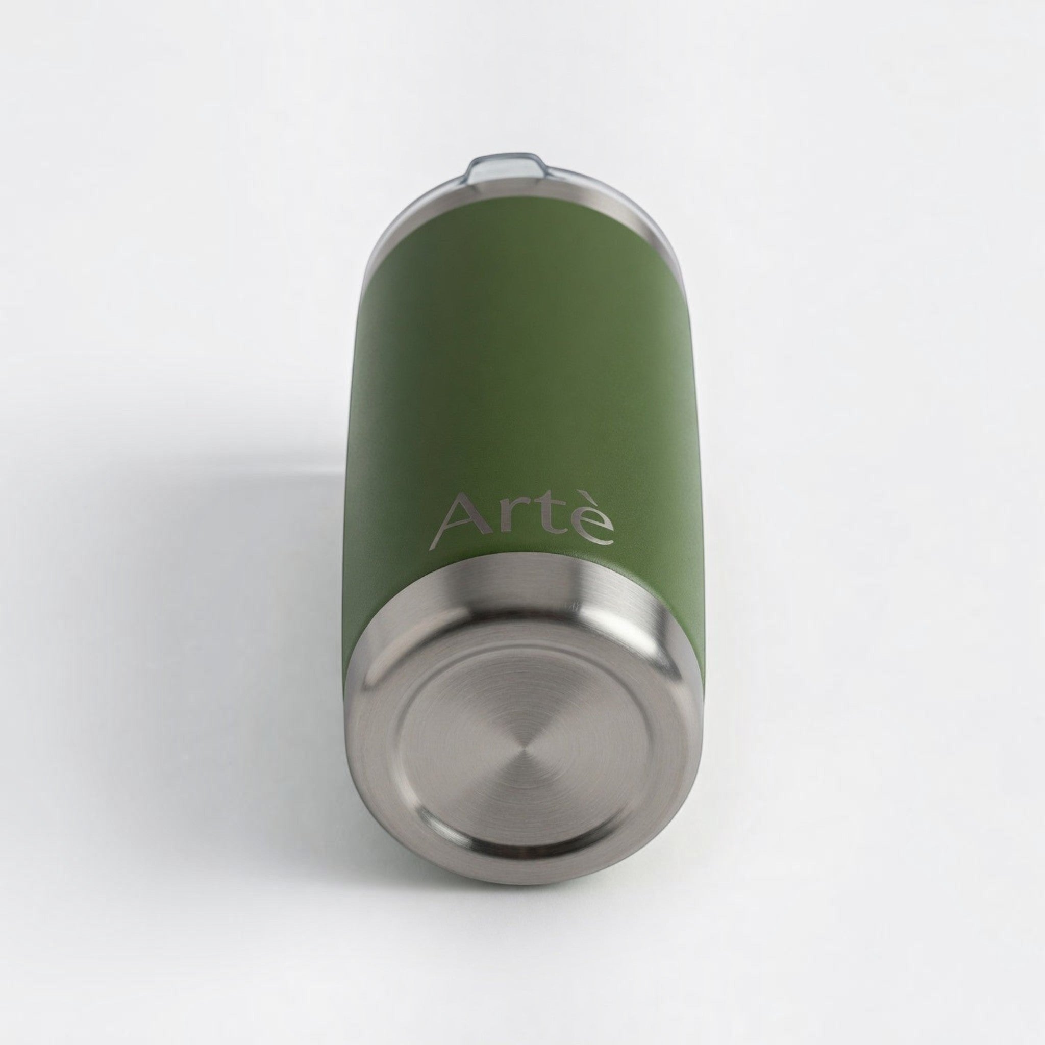 ArtèCup 20oz olive green stainless steel vacuum insulated tumbler with a leak-resistant lid viewed from the base