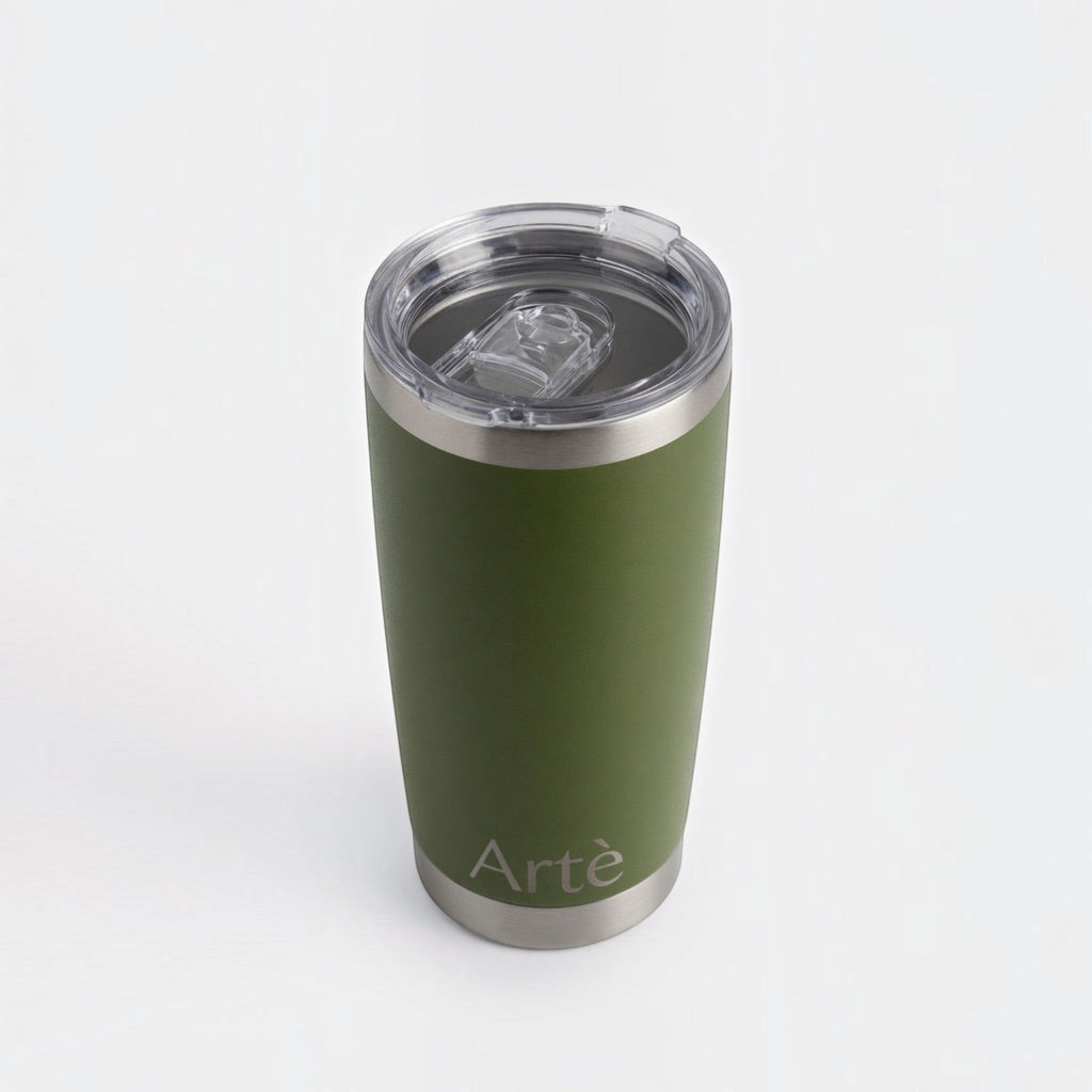 ArtèCup 20oz olive green stainless steel vacuum insulated tumbler with a clear leak-resistant lid