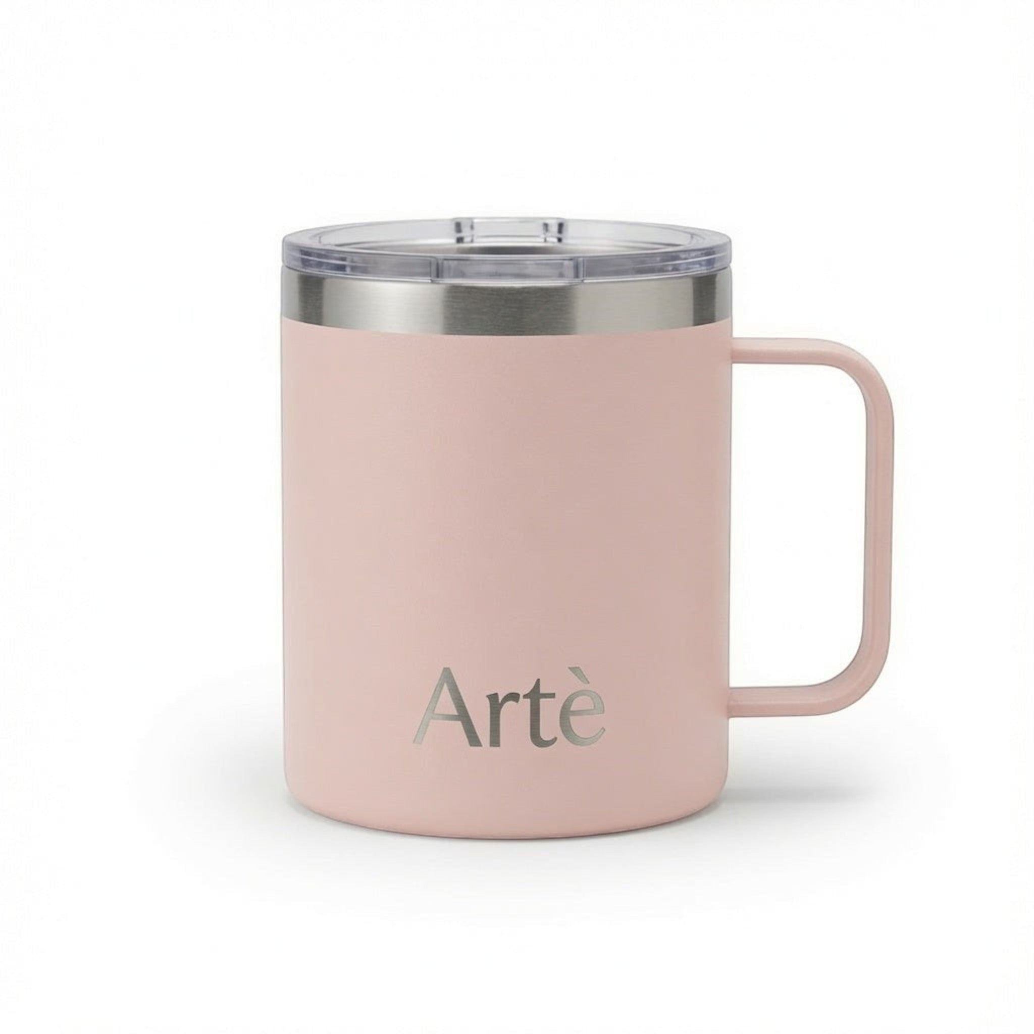 ArtèCup matte pink insulated stainless steel mug with ergonomic handle and clear leak-proof lid
