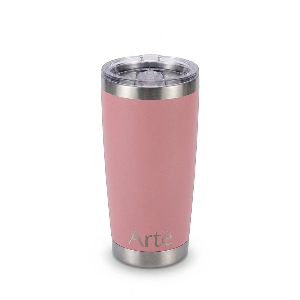 ArtèCup 20oz pink stainless steel vacuum insulated tumbler with a clear leak-resistant lid