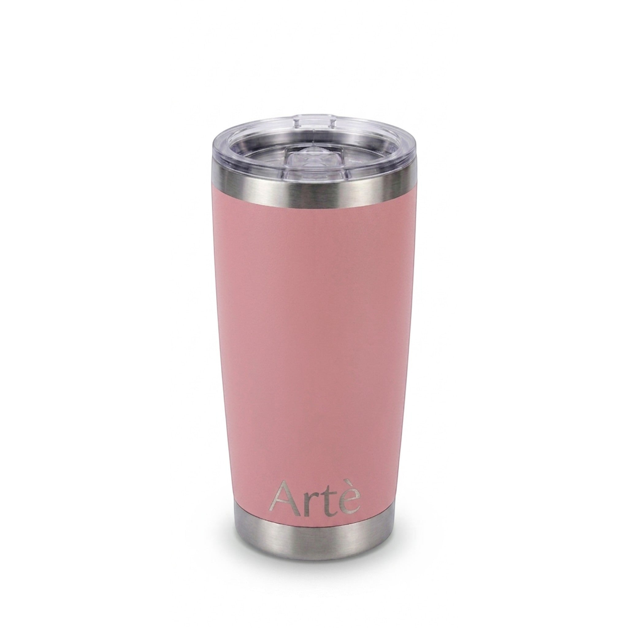 ArtèCup 20oz pink stainless steel vacuum insulated tumbler with a clear leak-resistant lid