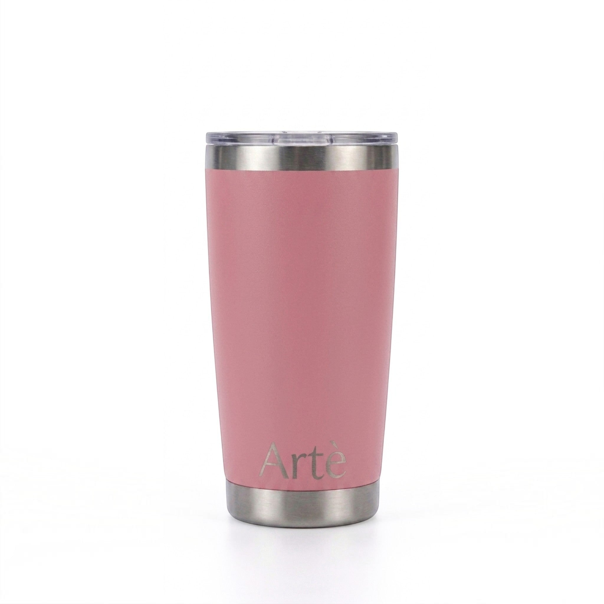 ArtèCup 20oz pink stainless steel vacuum insulated tumbler with a clear leak-resistant lid