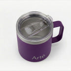 ArtèCup purple insulated stainless steel mug with a clear leak-proof lid and ergonomic handle on a white background