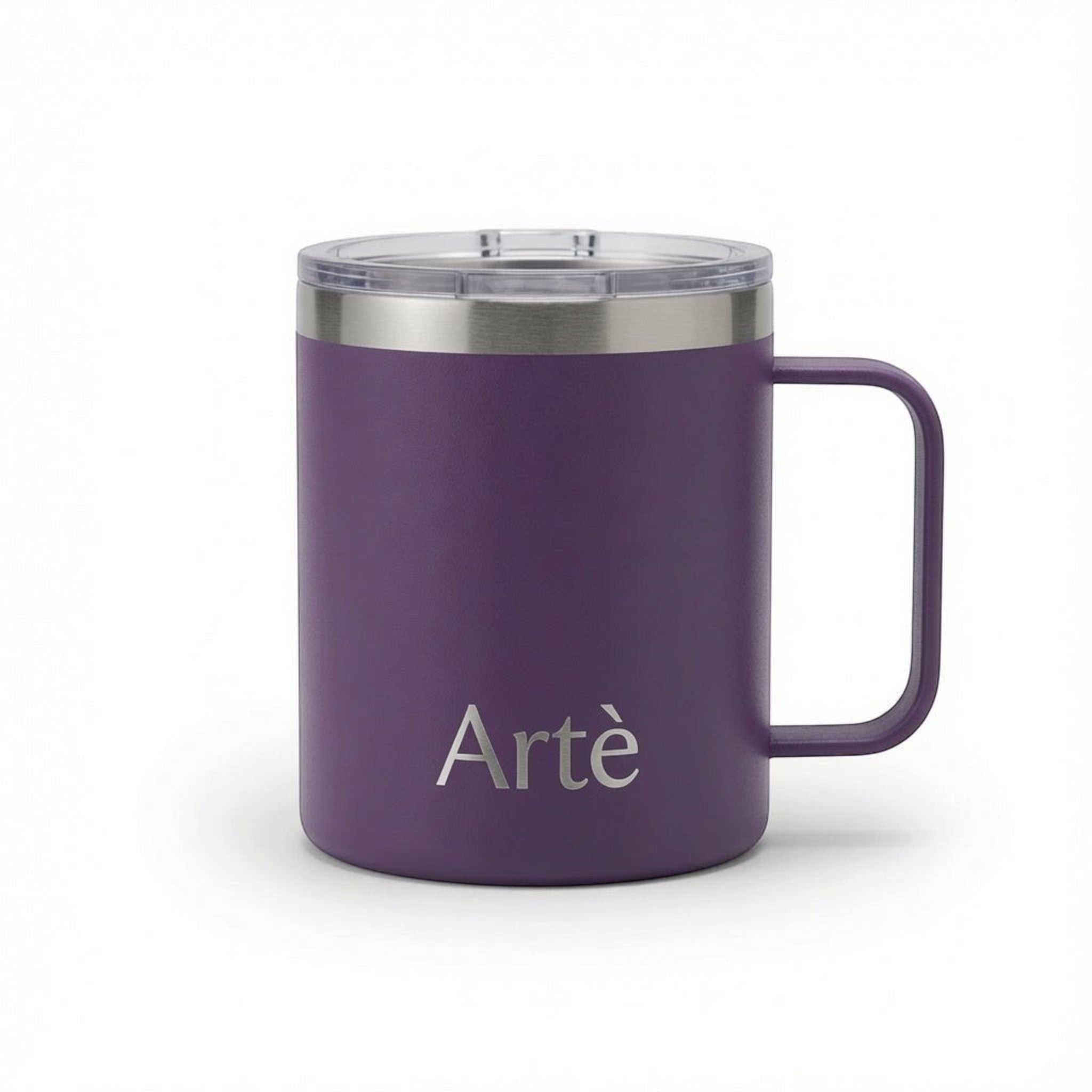 ArtèCup purple insulated stainless steel mug with ergonomic handle and clear leak-proof lid