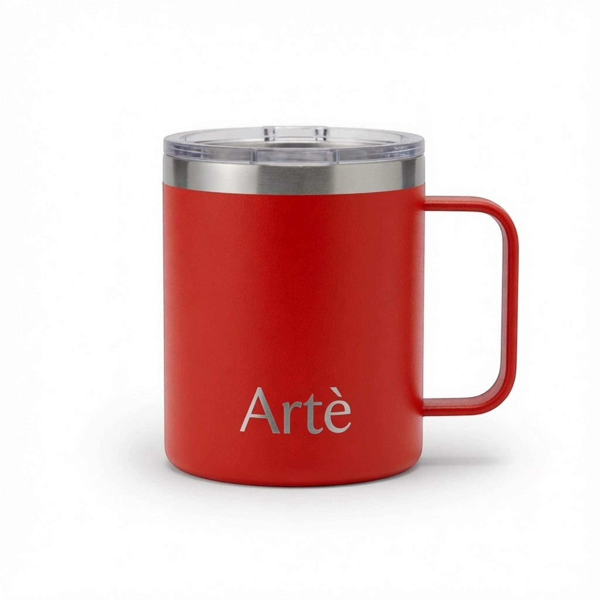 ArtèCup red insulated stainless steel mug with ergonomic handle and clear leak-proof lid on a white background