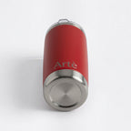ArtèCup 20oz red stainless steel vacuum insulated tumbler with a clear leak-resistant lid, bottom view.