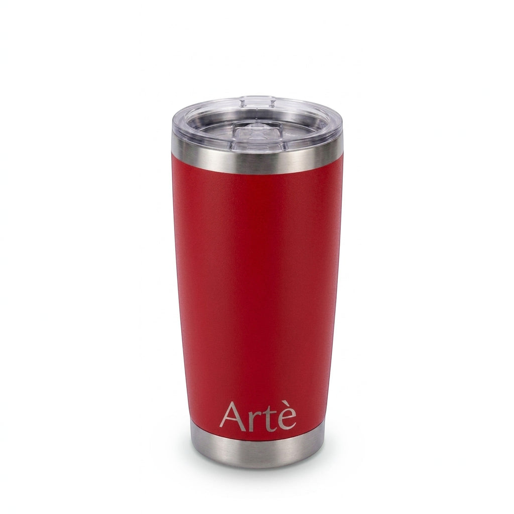ArtèCup 20oz red stainless steel vacuum insulated tumbler with a clear leak-resistant lid