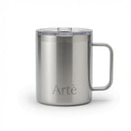 ArtèCup 12oz stainless steel insulated mug with ergonomic handle and clear leak-proof lid in a brushed silver finish.