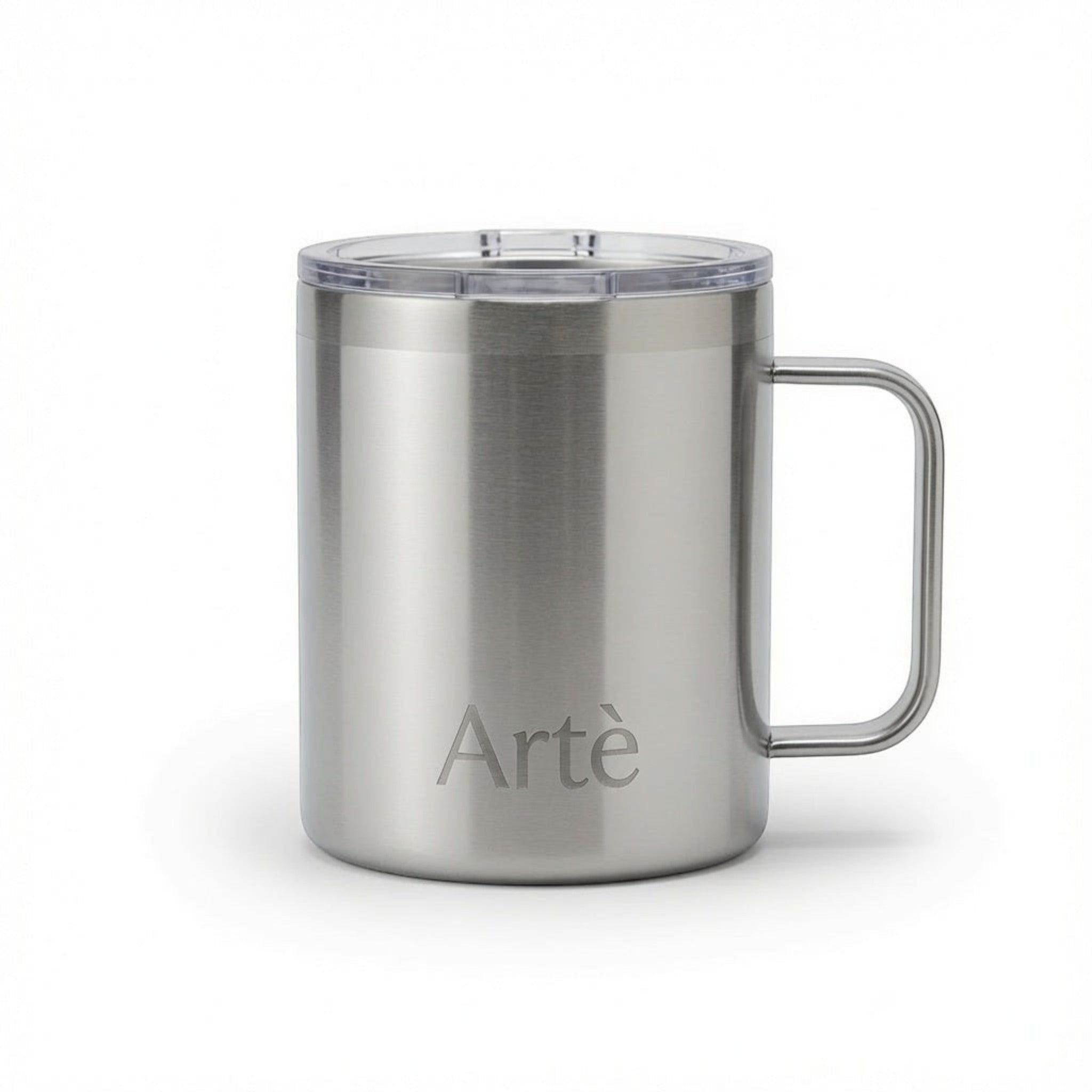 ArtèCup 12oz stainless steel insulated mug with ergonomic handle and clear leak-proof lid in a brushed silver finish.