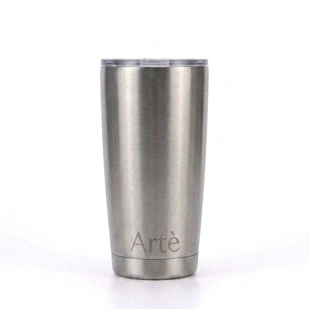 ArtèCup 20oz stainless steel tumbler with a brushed metal finish and a clear leak-resistant lid.