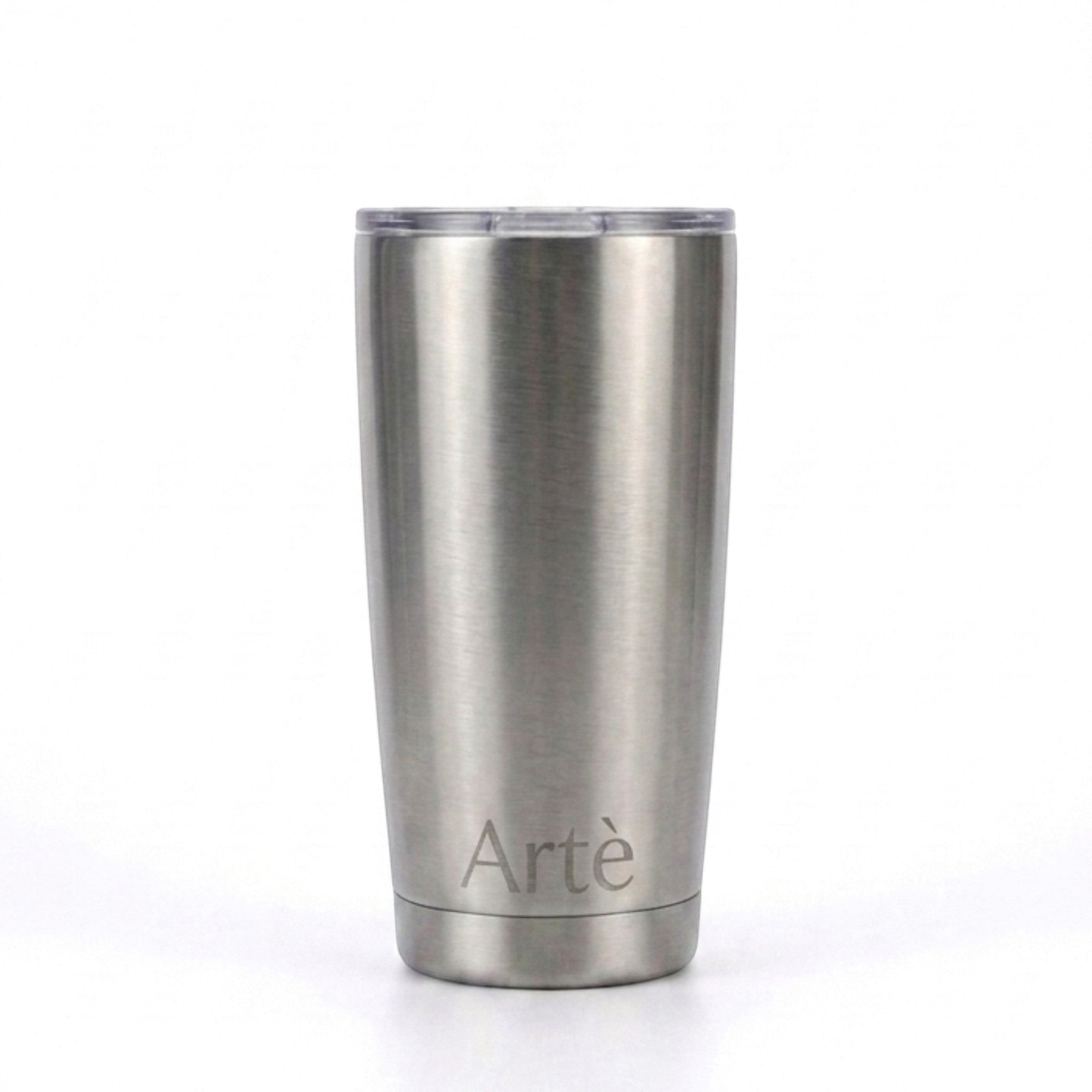 ArtèCup 20oz stainless steel tumbler with a brushed metal finish and a clear leak-resistant lid.