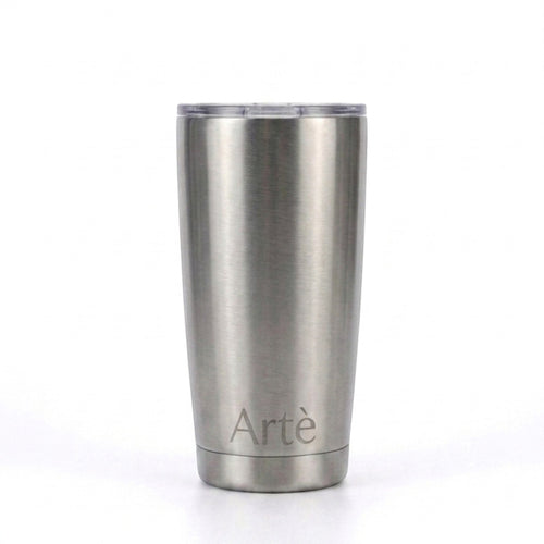 ArtèCup 20oz stainless steel tumbler with a brushed metal finish and a clear leak-resistant lid.