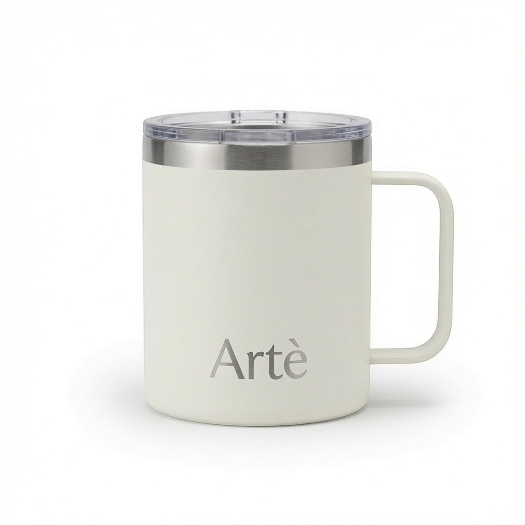 ArtèCup white matte stainless steel insulated mug with handle and clear leak-proof lid